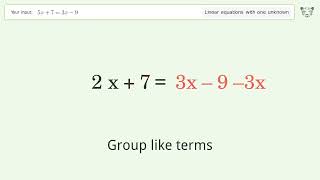Linear equation with one unknown: Solve 5x+7=3x-9 step-by-step solution
