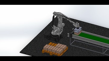 Simulating the movement of a 4 DoF robot arm loading goods onto a pallet using SolidWorks.