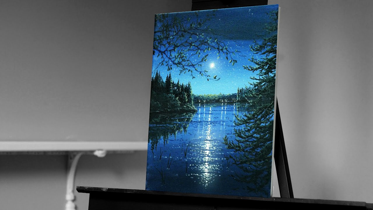 Painting a Moonlit Stream with Acrylics in Real Time - Night Sky Landscape Tutorial