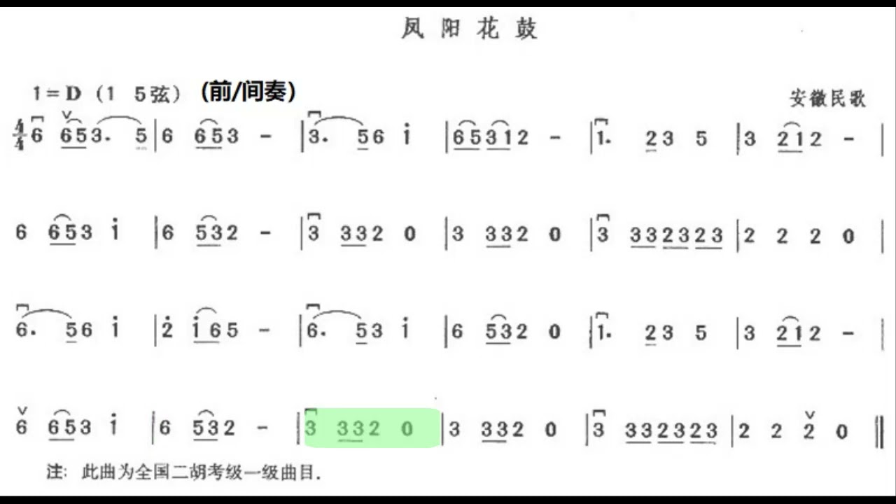 凤阳花鼓/鳳陽花鼓 D调伴奏 (加小节指示，供参考）- instrumental in D with measure marks
