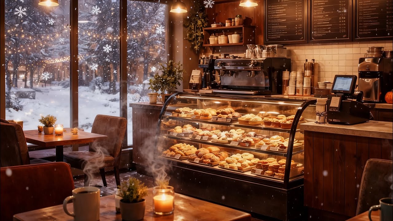 Cozy Coffee Shop ☕ Ambience - Slow Jazz Piano Music in a Snowy Winter Day For Work, Study, & Relax