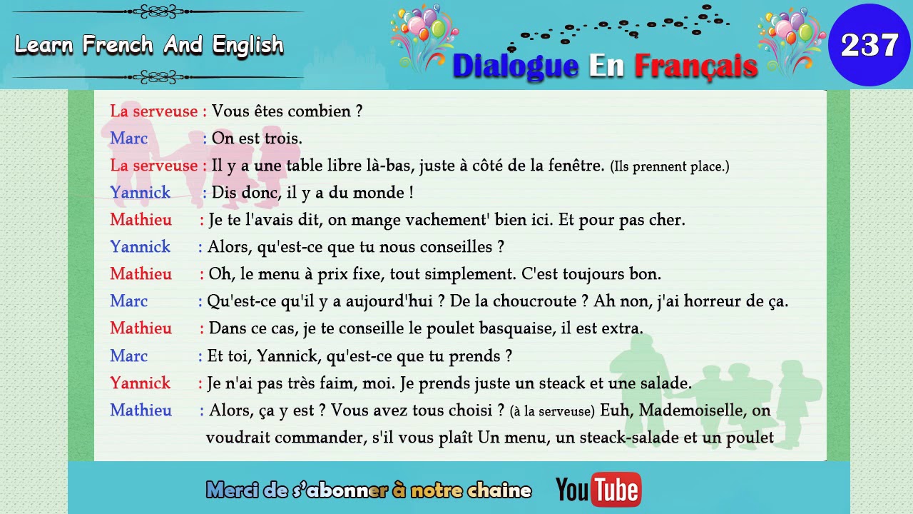 dialogue en français N° 237 YouTube