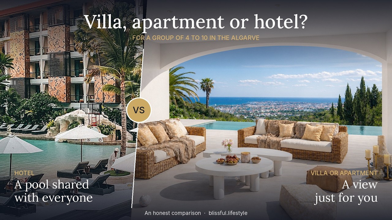 Villa, apartment or hotel in the Algarve: a shared hotel pool next to a private villa terrace with sea view