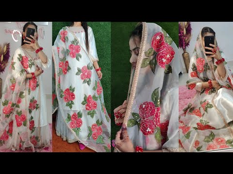 Rose painting🌹Hand painted embellished Dupatta/organza dupatta Designing/hand work dupatta #trending