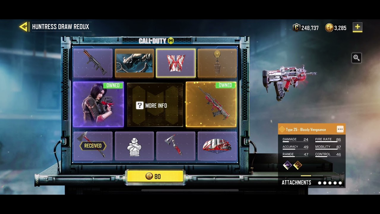 Call of duty mobile The Type 25 Bloody Vengeance Huntress Draw redux, one spin, spending 80cp.