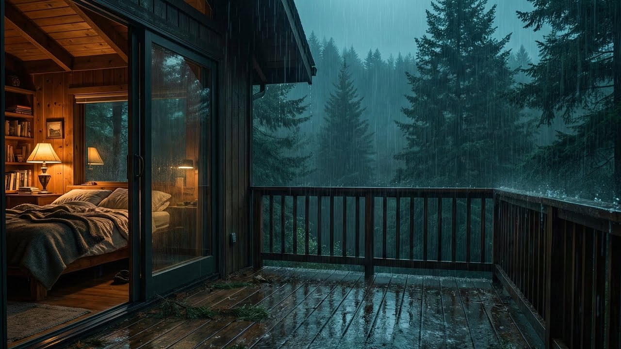Cozy Cabin Rain Ambience for Sleep & Study | Heavy Rain on Wooden Deck | 1 Hour