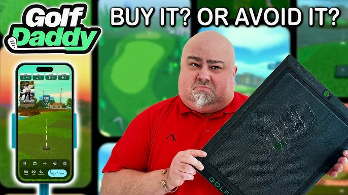 A Man In A Red Shirt Holds A Black Golf Mat In Front Of A Background Featuring Golf Course Graphics And A Smartphone Displaying A Golf Simulator App With Text Asking &Quot;Buy It? Or Avoid It?&Quot;.