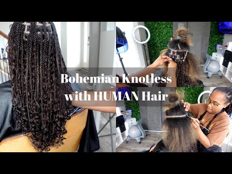 Honey Blonde/Brown Jumbo Boho Knotless Braids using Curly Human