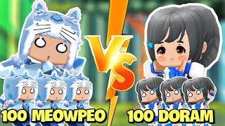 Meowpeo đánh nhau với Mặp Doram trong Làng Bee Team | 100 Meowpeo VS 100 Mặp Doram trong Mini World