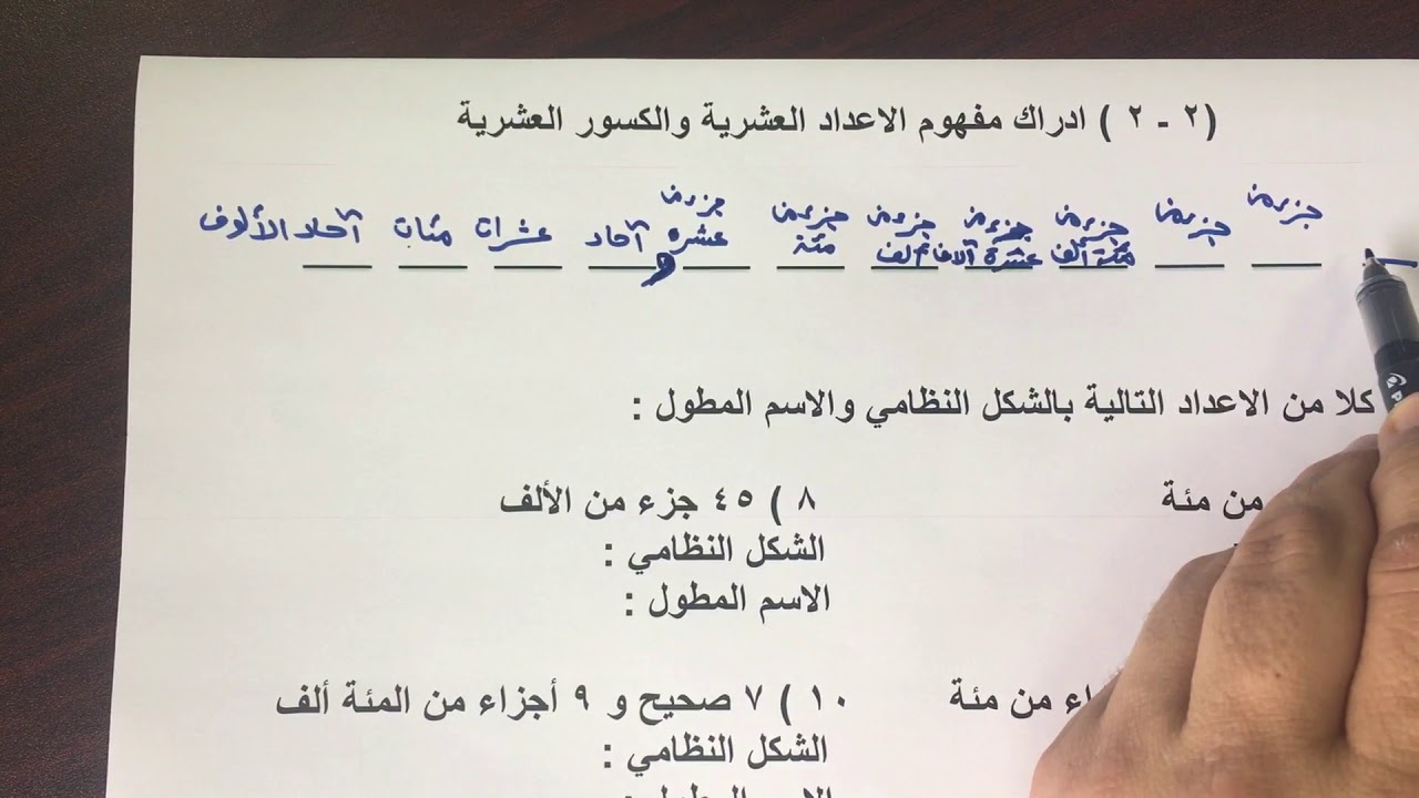 بند ( ٢-٢ ) ادراك مفهوم الاعداد العشرية والكسور العشرية للصف السادس الفصل الدراسي الاول