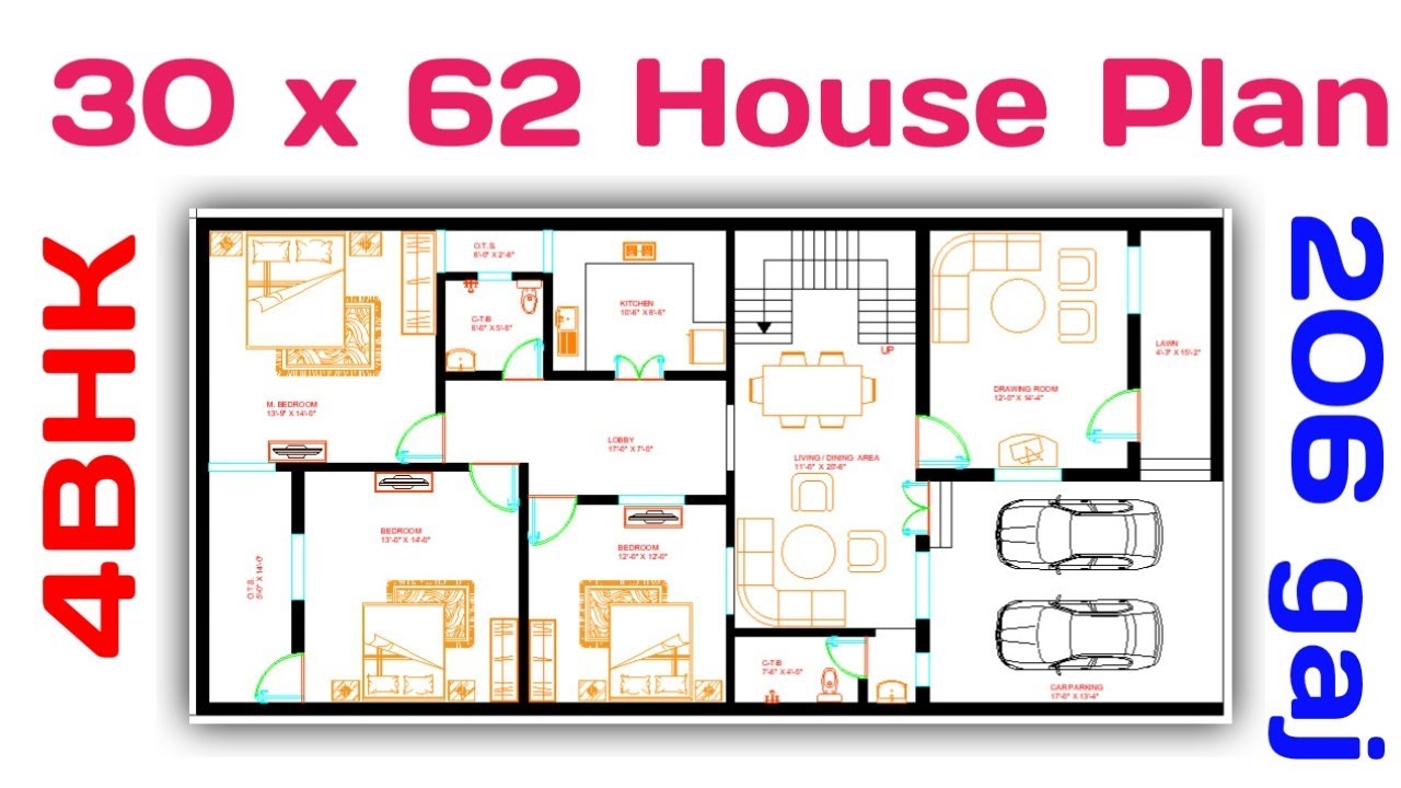30 X 62 (206gaj) Modern house plan with parking area 4bhk 1860sqft ...