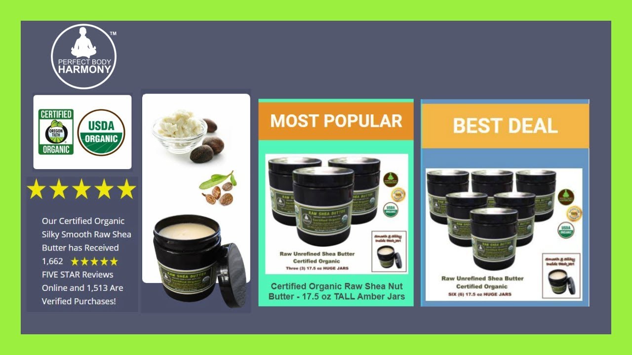 Organic Raw Unrefined Shea Butter Large 17.5 oz Amber Jars