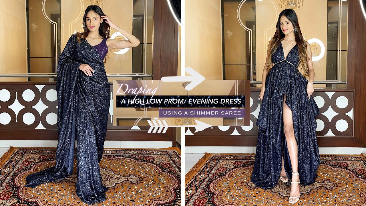 Embroidered Georgette Saree Style Gown in Navy Blue and Beige : TUC523