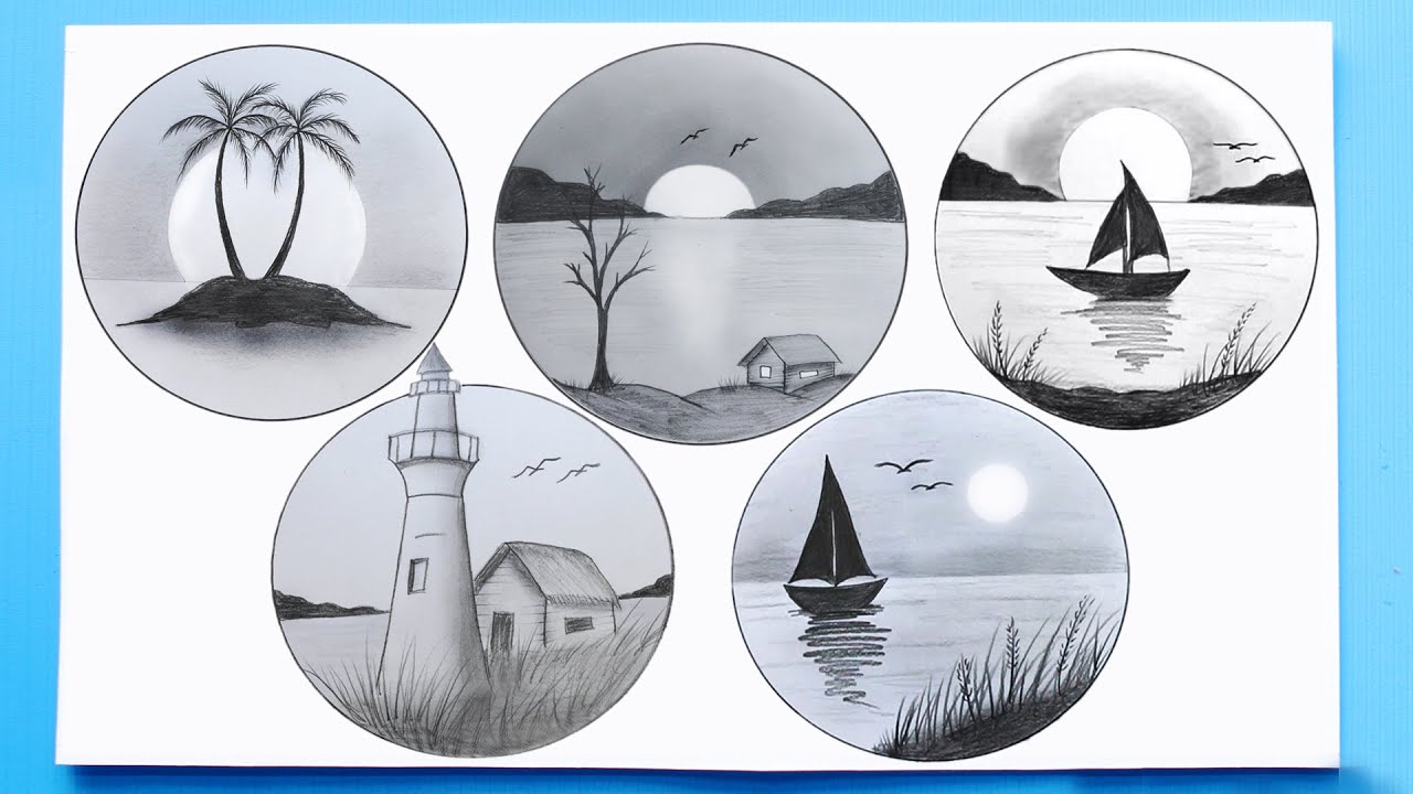 5 Scenery Drawing in a circle | 5 Easy Landscape to Draw into the ...