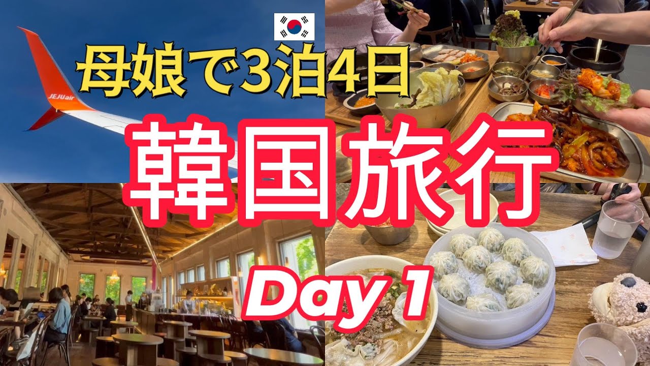 【韓国旅行VLOG①】母娘旅/変換プラグC/ハングルに感動/両替はここ/明洞餃子が美味し過ぎ/中国大使館が見えるカフェThe spot fabulous/チェジュ航空/ソウル seoul travel