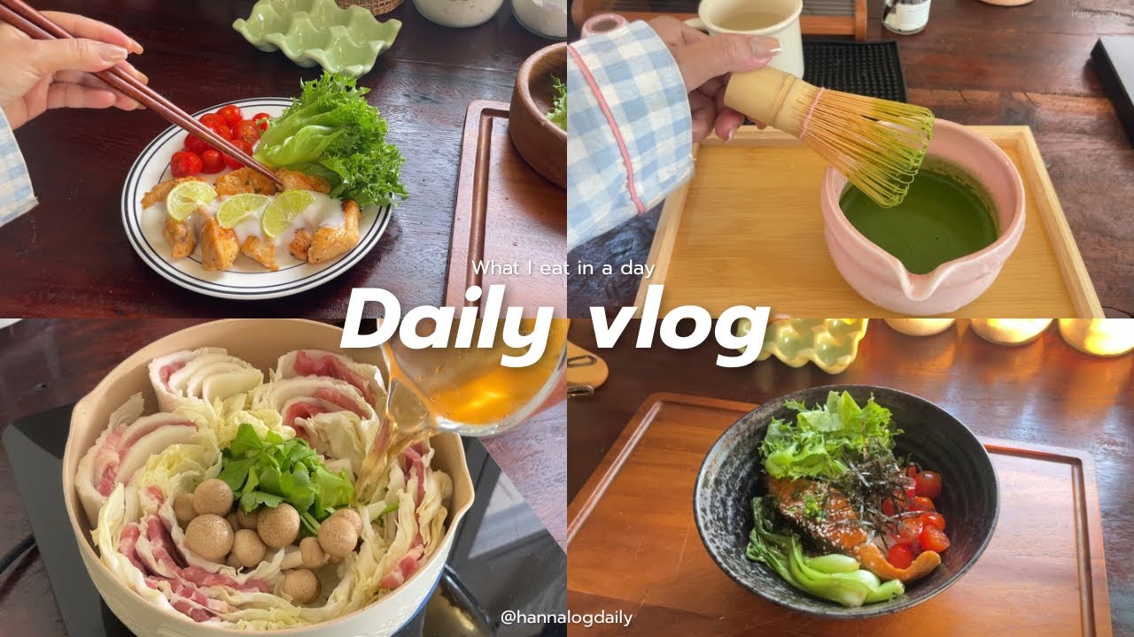 Daily vlog 🍳ไก่ย่างซอสมะนาว🍋 ข้าวหน้าแซลมอน 🍚 ชาบูมิลเฟยนาเบะ🥬 |  What  I eat in a day 🏡 