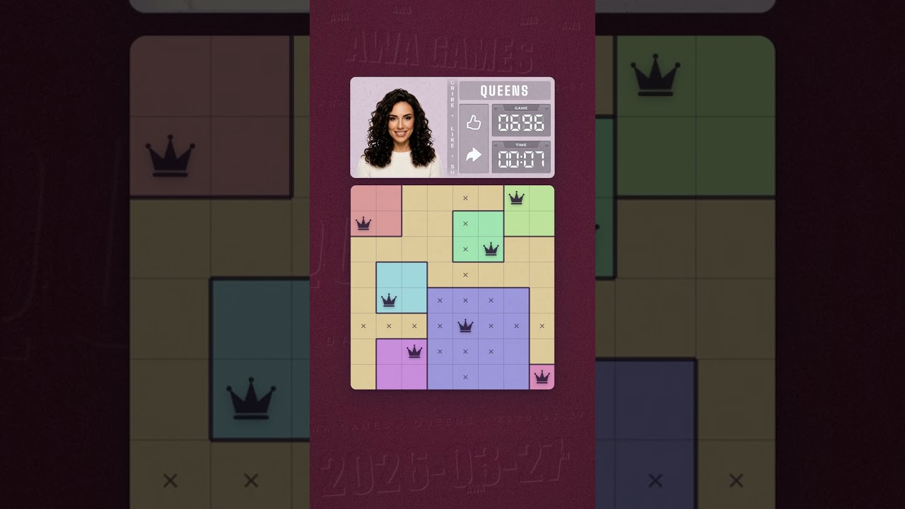 LinkedIn Queens #696 solved board for March 27, 2026, 8x8 grid