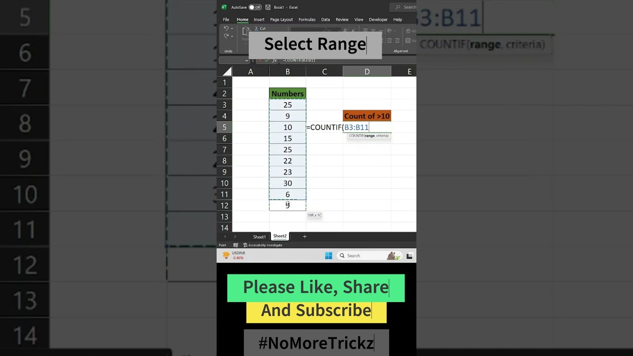 Excel Quick Tip: Count Cells Greater Than 10 with COUNTIF Function