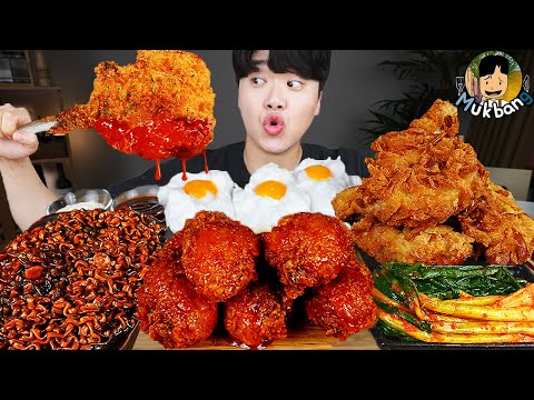 ASMR MUKBANG | Kızarmış Tavuk, Biftek, siyah fasulye eriştesi, Bir çeşit yöresel Kore yemeği Tarif !