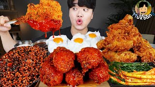 ASMR MUKBANG | Жареный цыпленок, стейк, лапша с черной фасолью, кимчи Корейская еда