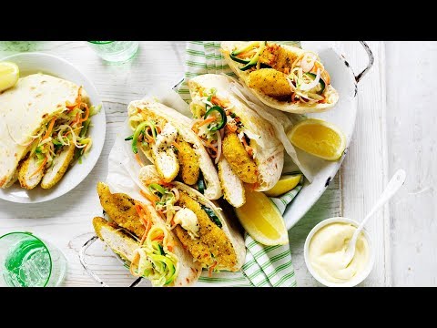 Lemon and pepper chicken, zucchini slaw pitas