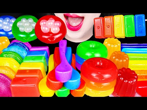 ASMR Rainbow Dessert, Edible Spoon, Boba Jelly Cube 레인보우 보바 젤리 큐브 먹방 Mukbang, Eating