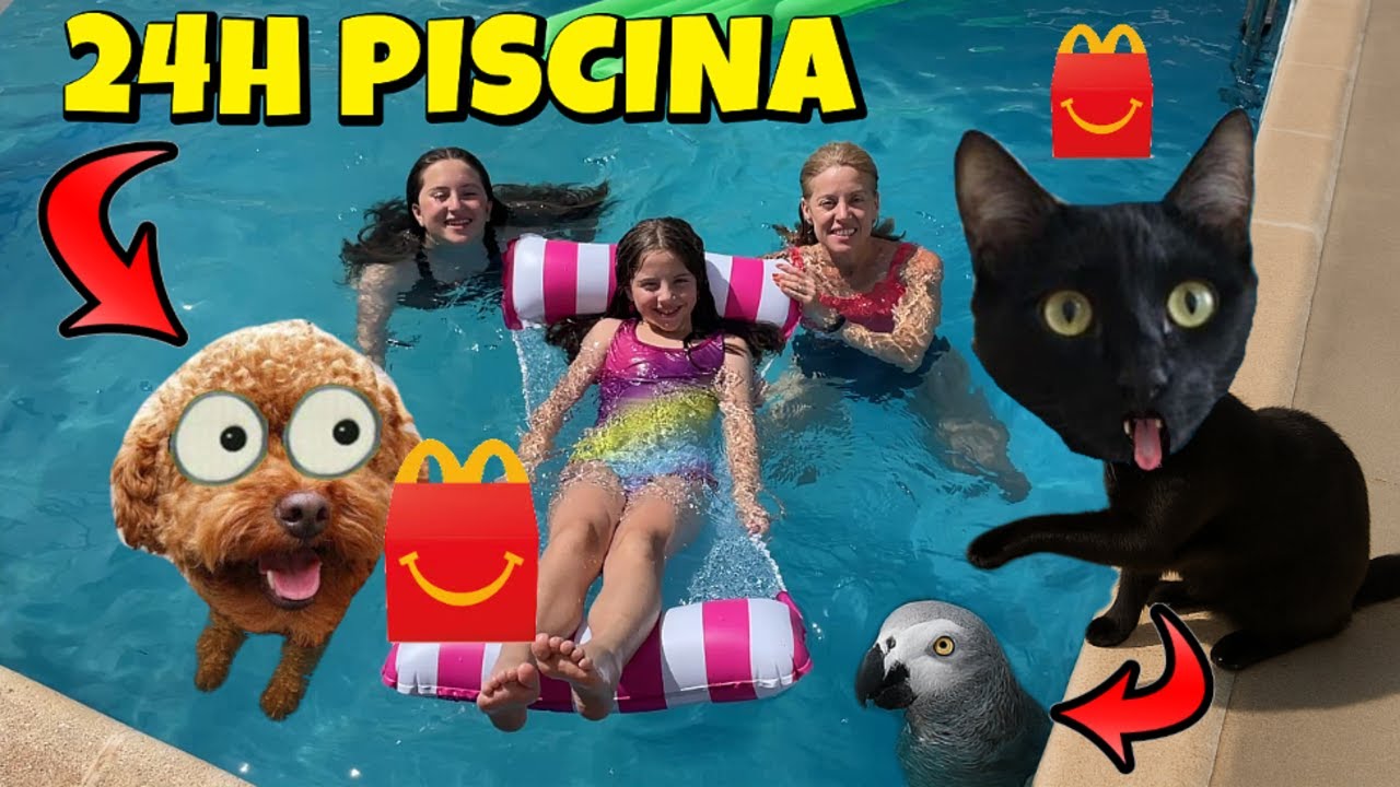 24 HORAS EN LA PISCINA con mi PERRO, el LORO y mis GATOS 🐾 ¡Comiendo comida rápida en el agua! 🍟