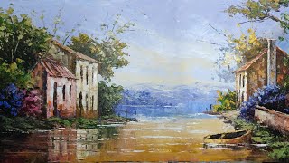 Pintura em tela Paisagem casarios com água e montanhas Márcio Monteiro Painting on landscape canvas