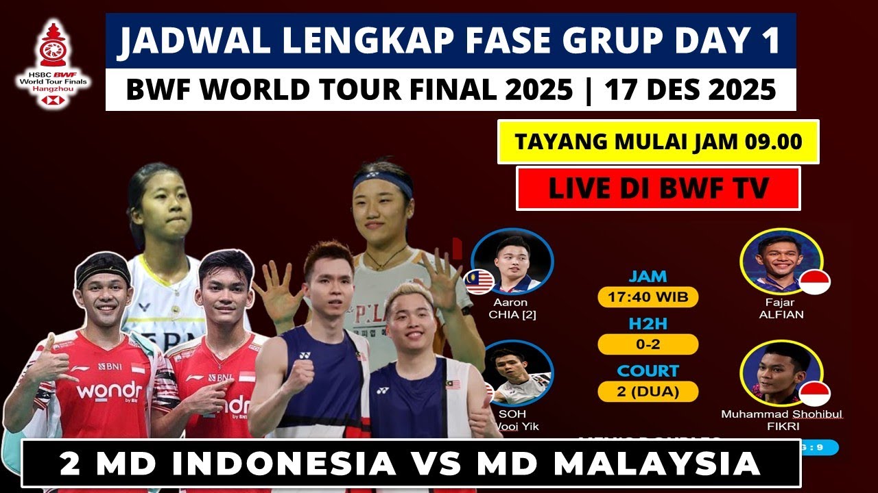 Jadwal BWF World Tour Final 2025 Day 1: 2 MD Indonesia VS MD Malaysia | Mulai Jam 9 LIVE BWFTV