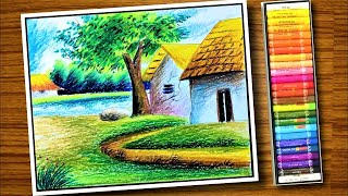 Simple oil pastel scenery drawing very easy/real speed/Ever Art with Arup