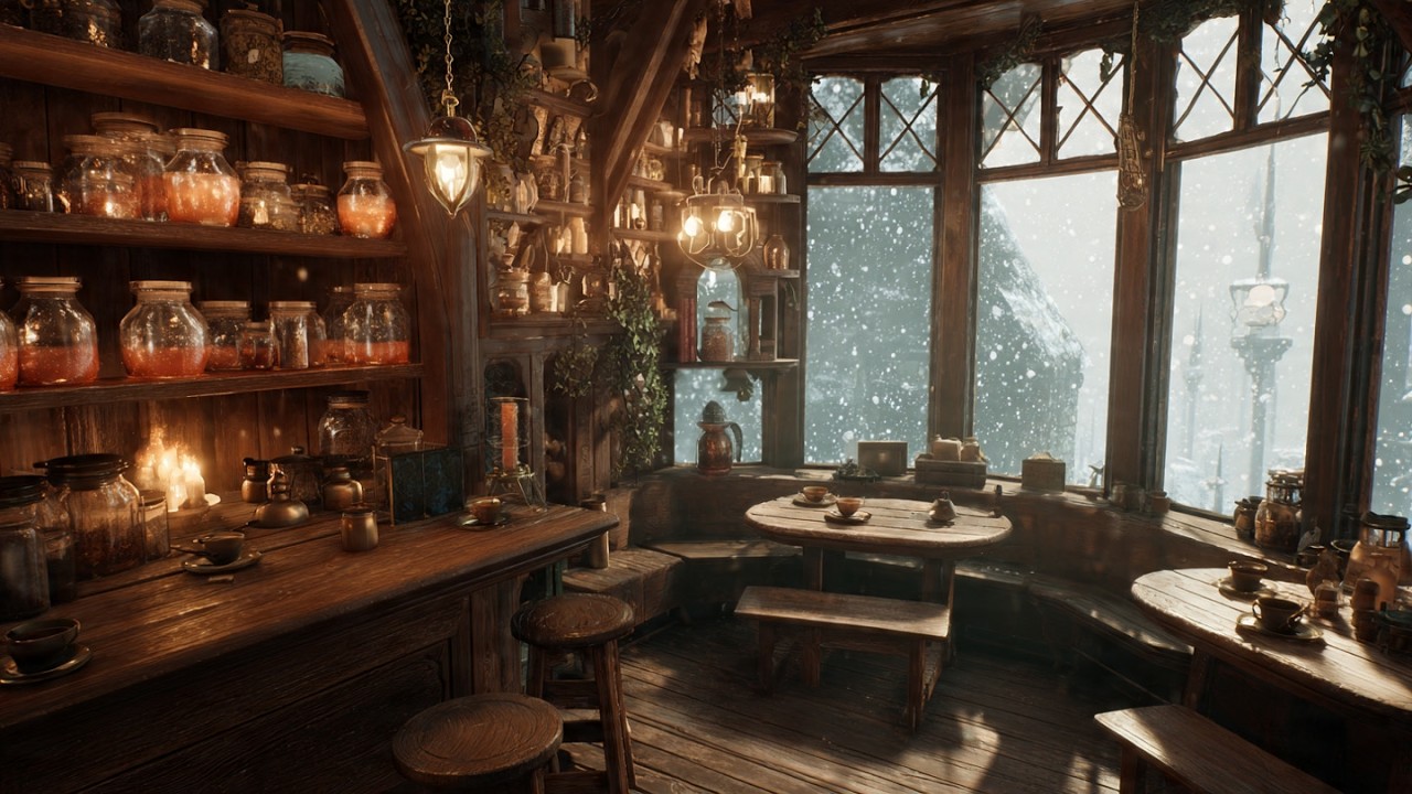 Snowed In at a Hogsmeade Tea Shop | A Magical Blizzard, Fireplace and cozy tea shop ambience ☕❄️