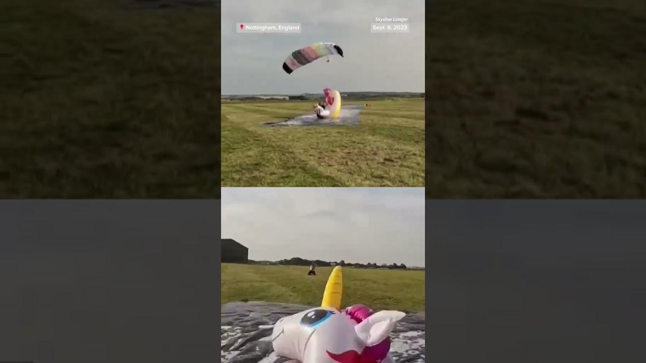 Skydiver lands on inflatable unicorn