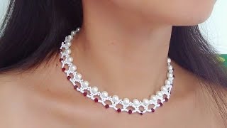 How to make a pearl beaded choker necklace at home. DIY choker necklace tutorial