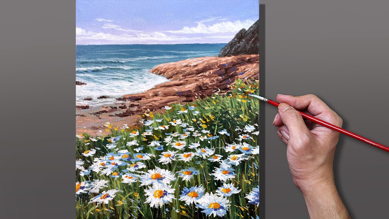 Acrylic Painting Daisies on Coastline