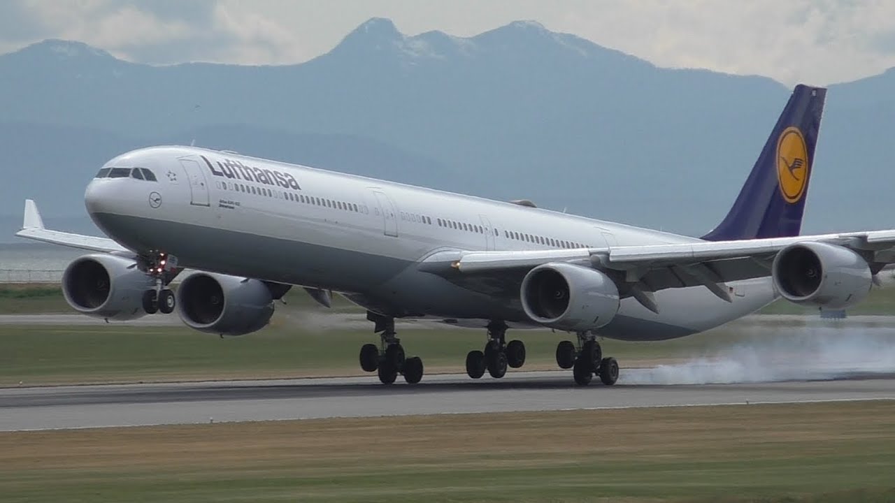 Lufthansa A340-642 [D-AIHB] Close Up Landing at Vancouver Airport