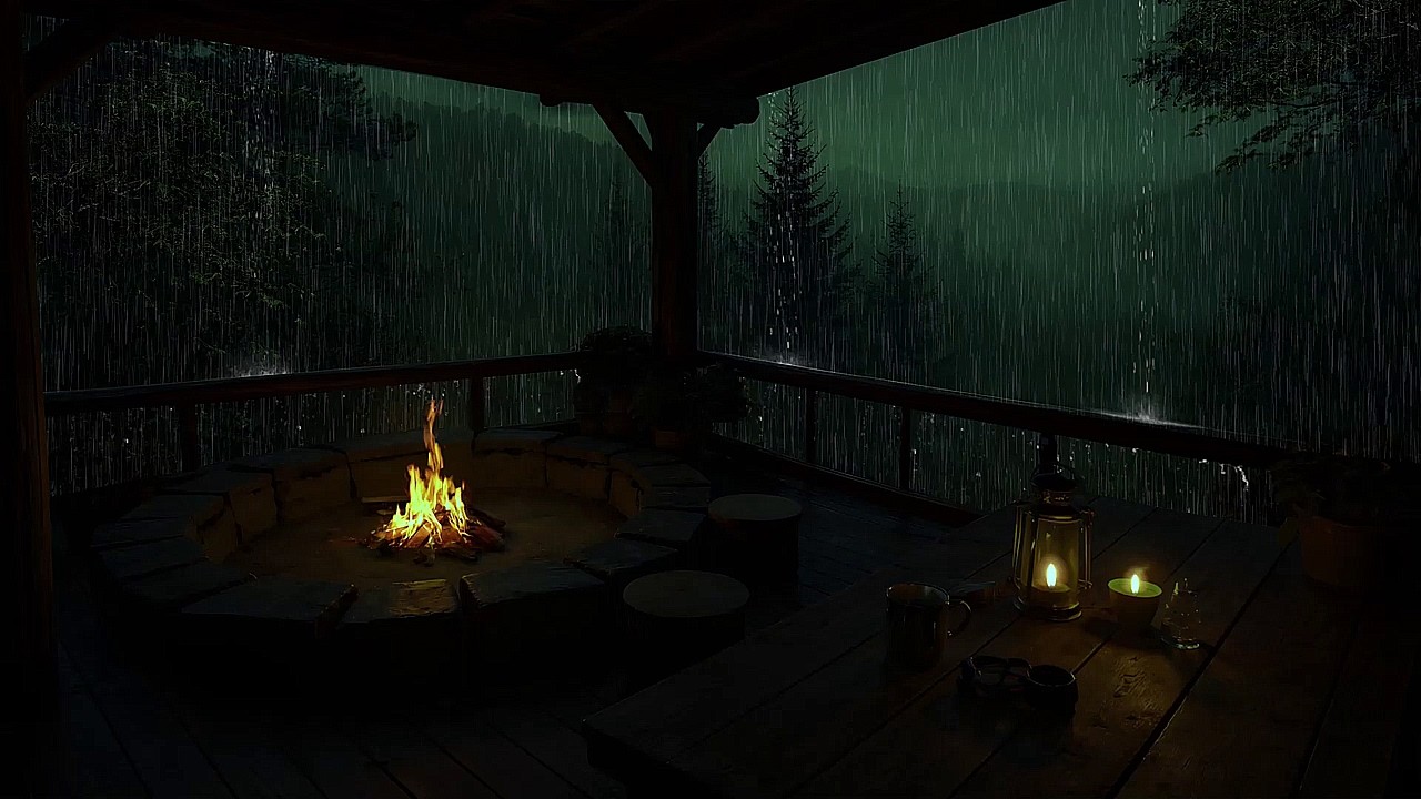 Tranquil Forest Escape – Torrential Rain on Roof with Fireplace Crackles for Deep Sleep & Focus