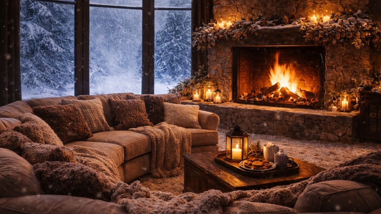 Midnight Snowstorm Beyond the Window ❄️ Fireplace & Soft Piano for Deep Sleep | Cozy Cabin Retreat