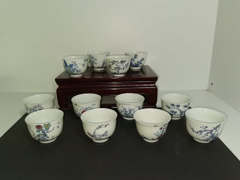 清康熙 【大清康熙年製】在銘 康熙十二花神詩文杯一対(C-63) 清康熙 【大清康熙年製】在銘 康熙十二花神詩文杯