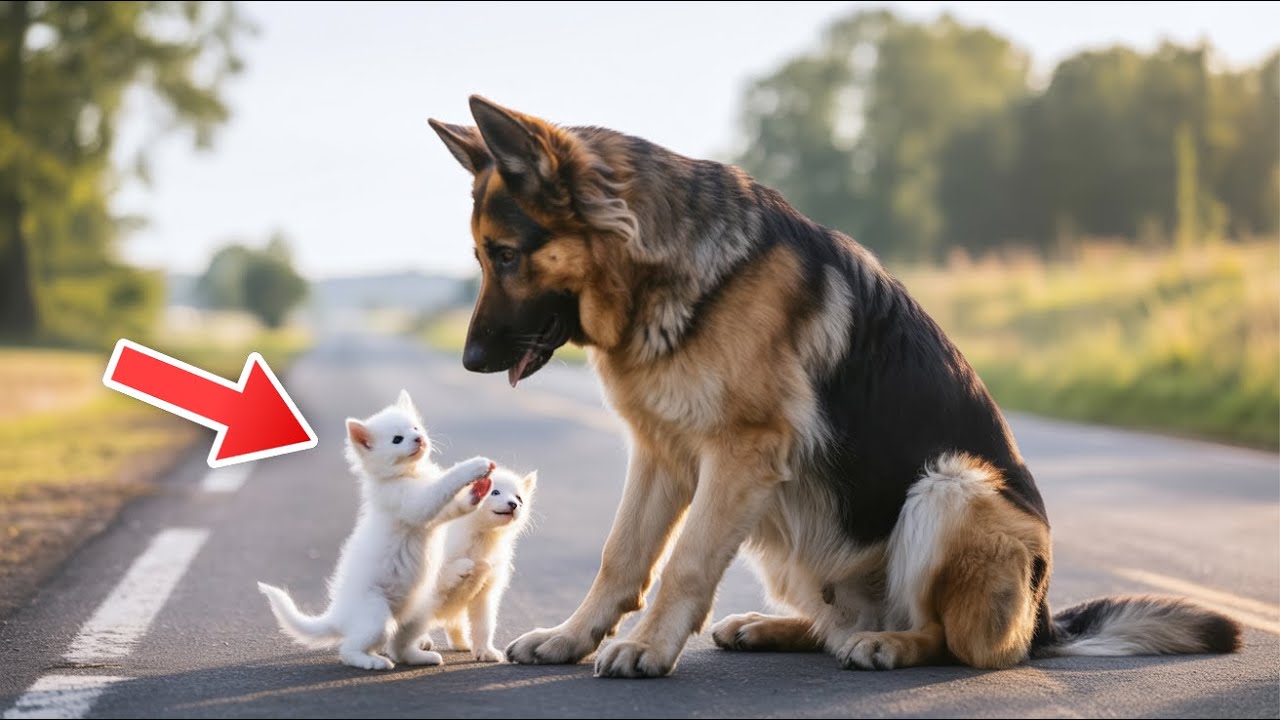 Zwei Kätzchen flehen einen Schäferhund um Hilfe an – was der Hund danach tat, ist unglaublich