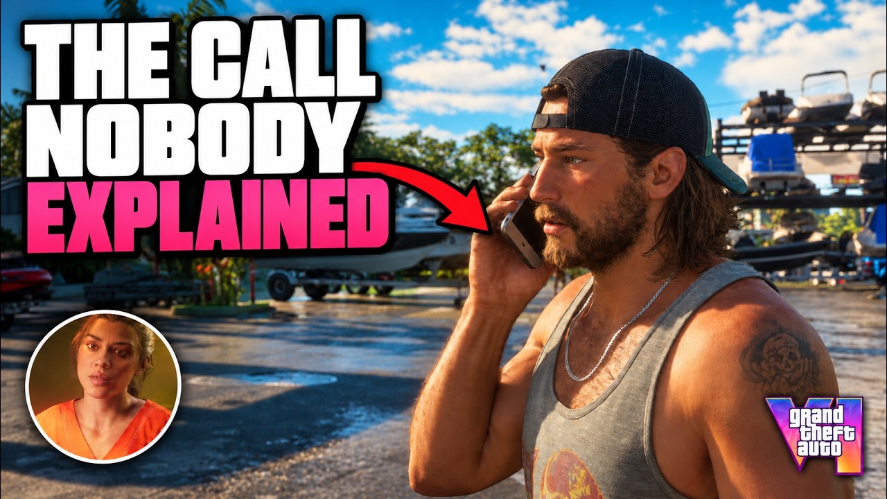 GTA 6 Radar video thumbnail: the launch trailer moment where Jason takes a collect call from Lucia Caminos while working at the marina, with long hair