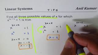 Find three solutions for x^3x+5 = 1
