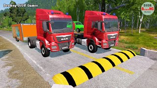 Double Flatbed Trailer Truck vs speed bumps|Busses vs speed bumps|Beamng Drive|177