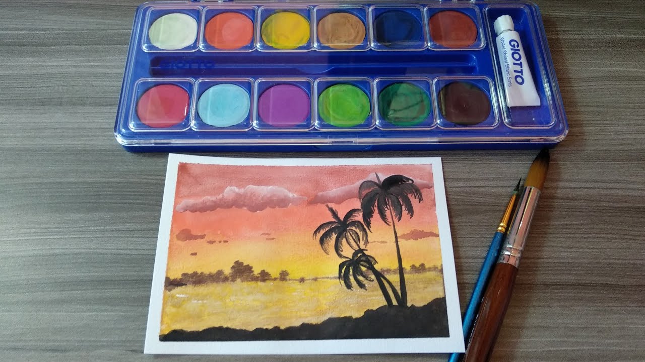 Watercolor Painting Melukis Pemandangan Pantai Menggunakan Cat