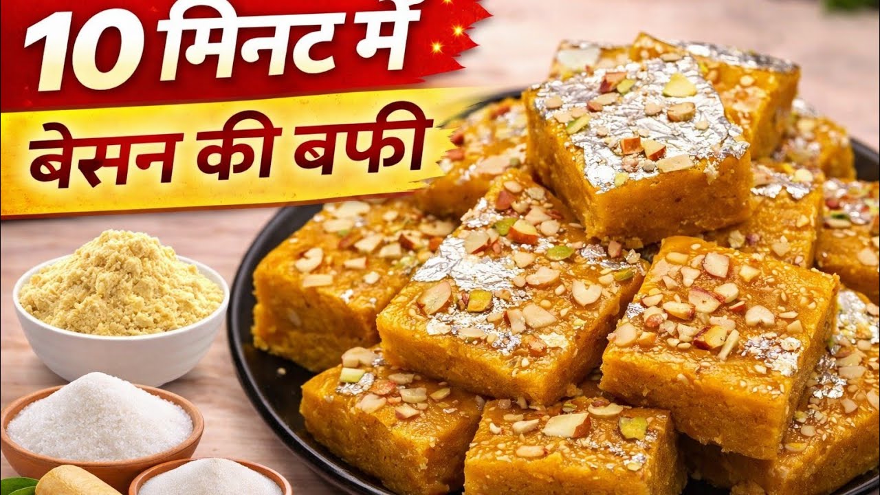 ना मावा न चासनी सिर्फ 10 मिनट में बनाएं बेसन की हलवाई जैसी बर्फी घर पर ही आसान तरीके से ll#Barfi