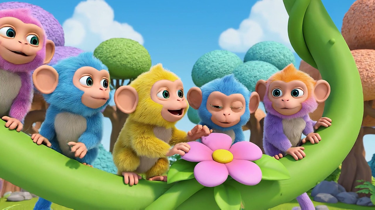 Пять маленьких обезьянок и сюрприз на горке | Детские песенки | Песенки для малышей | Обучающие