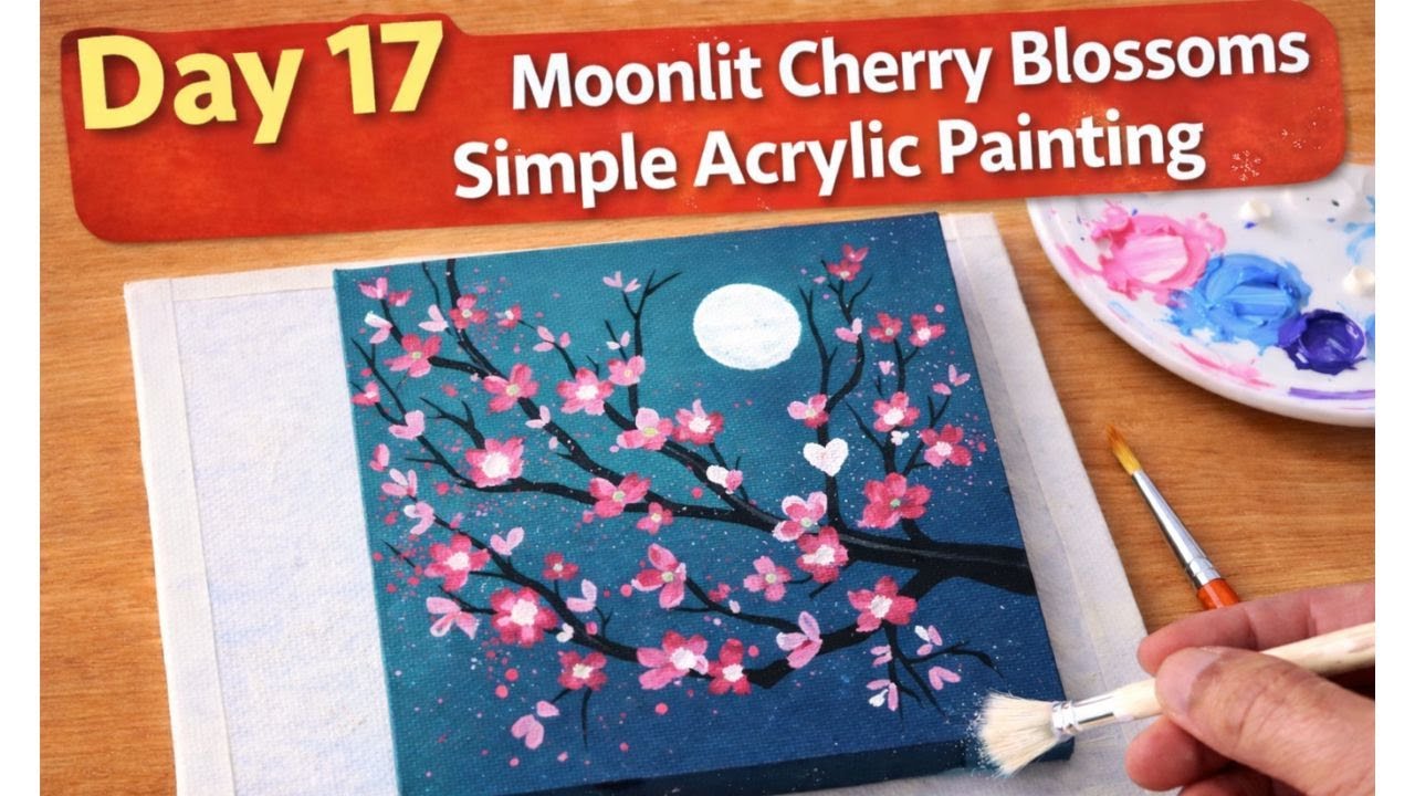 Вишневые деревья при лунном свете. Простая ночная картина акриловыми красками. Ежедневное задание...