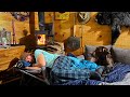 Winter camping in tiny off grid cabin in the woods