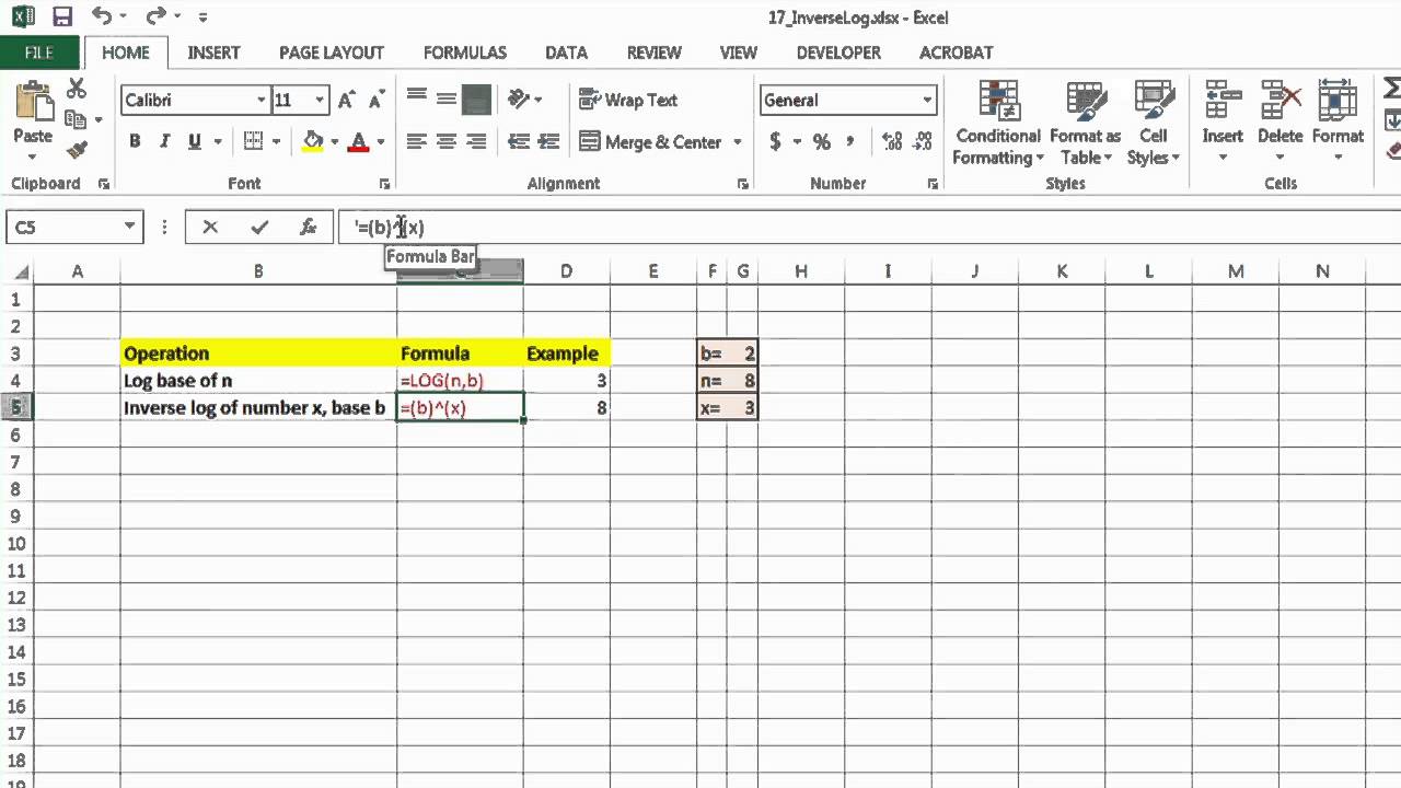 How to write logarithmic equations in excel