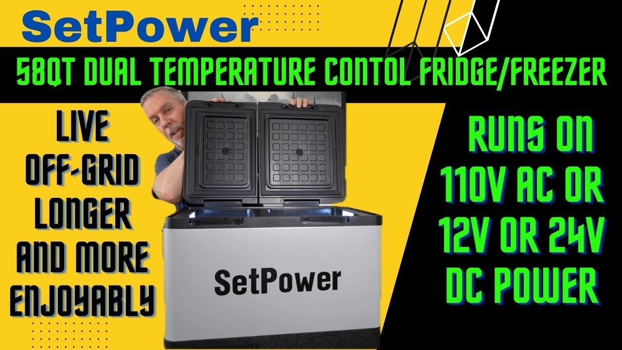 SETPOWER 58QT Portable Fridge. Dual temperature zones and runs on AC or 12V/24V. Great for Off-Grid