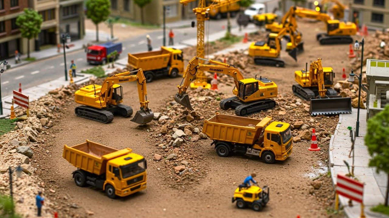 RC Construction Diorama – Excavators, Dump Trucks & Bulldozers in Action